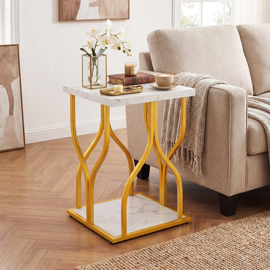 The white faux marble nightstand sits next to a sofa on a rug