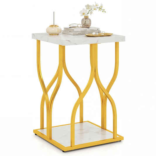 Set of 1 Faux Marble Nightstand with a white faux marble top and gold metal legs