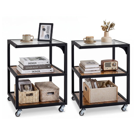 Set of 2 3‑Tier Mobile Side Table with glass top and rustic brown shelves on wheels