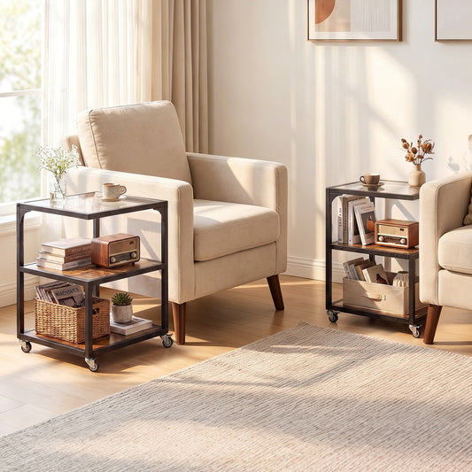 Two rustic brown 3‑tier mobile side tables in a living room setting