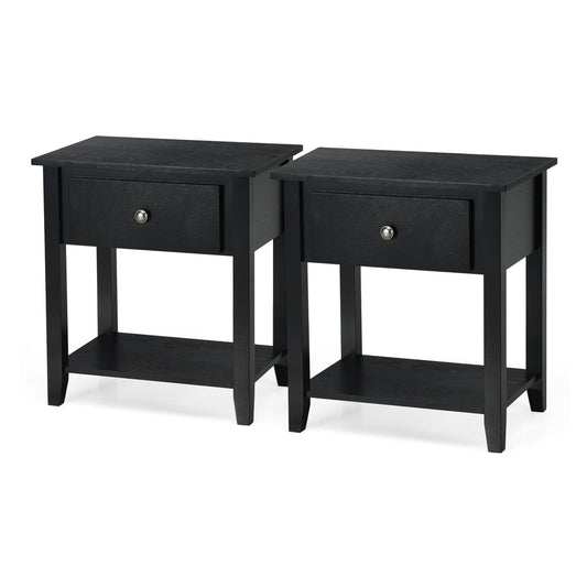 Set of 2 Accent Table narrow side end tables in black with a drawer and open shelf
