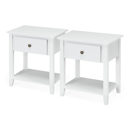 Set of 2 Accent Table narrow side end tables in white with a drawer and shelf
