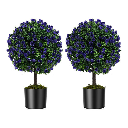 Set of 2 Artificial Purple Rose Topiary Ball Trees with black pots