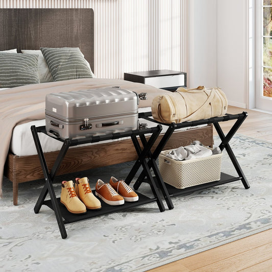 Two black shoe racks and storage benches are shown in a bedroom setting with suitcases and shoes