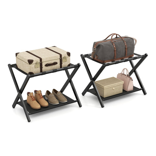 Set of 2 Bamboo Luggage Racks with nylon straps and Oxford cloth storage shelves in black