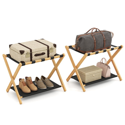 Set of 2 Bamboo Luggage Racks holding suitcases, bags, and shoes on a plain white background