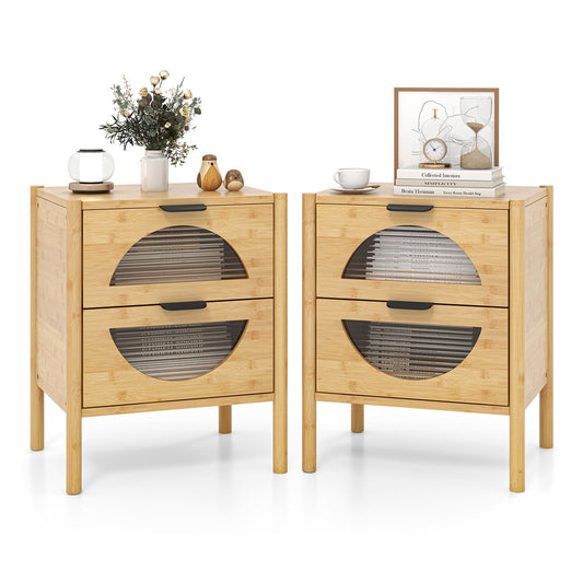 Set of 2 Bamboo Nightstand Mid-century Modern Bedside Table with two drawers and circular glass panels