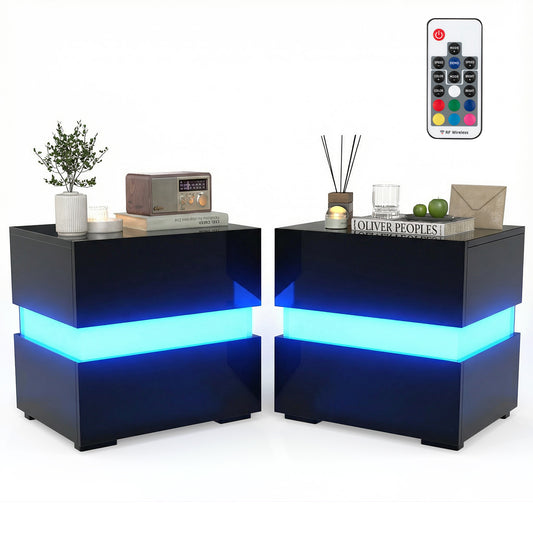 Set of 2 Bedside Table LED Nightstand with Drawers in black with blue LED lighting