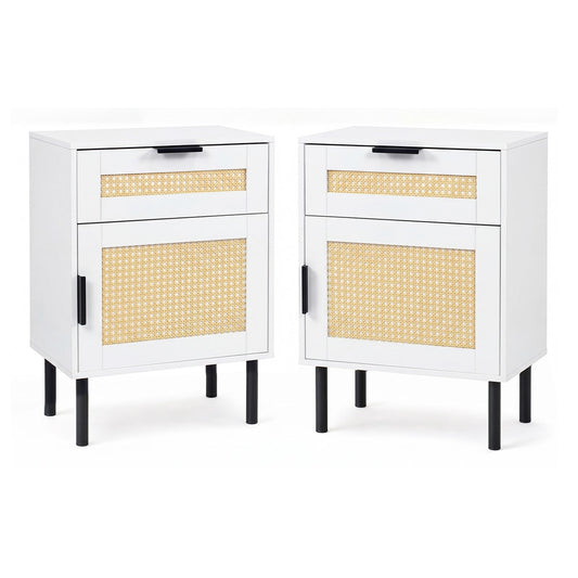 Set of 2 Bedside Table with rattan-decorated storage drawer and door metal legs in white