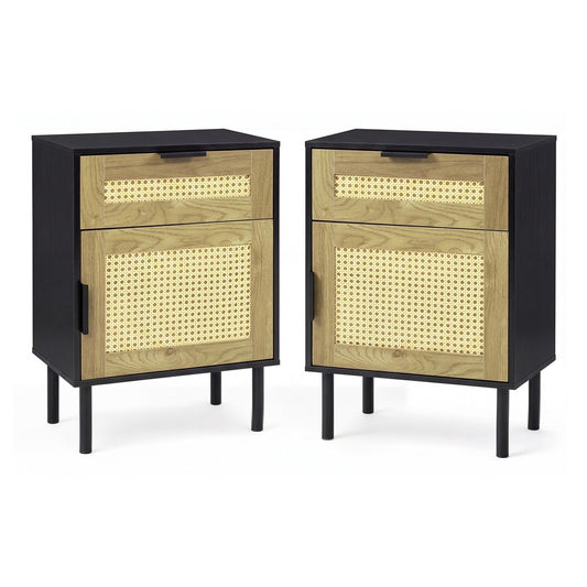 Set of 2 Bedside Table with rattan-decorated storage drawer and door metal legs in black