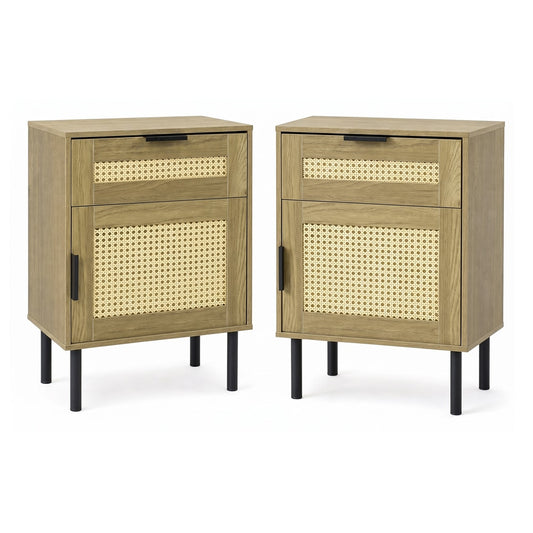 Set of 2 Bedside Table with rattan drawer fronts and black metal legs shown side by side