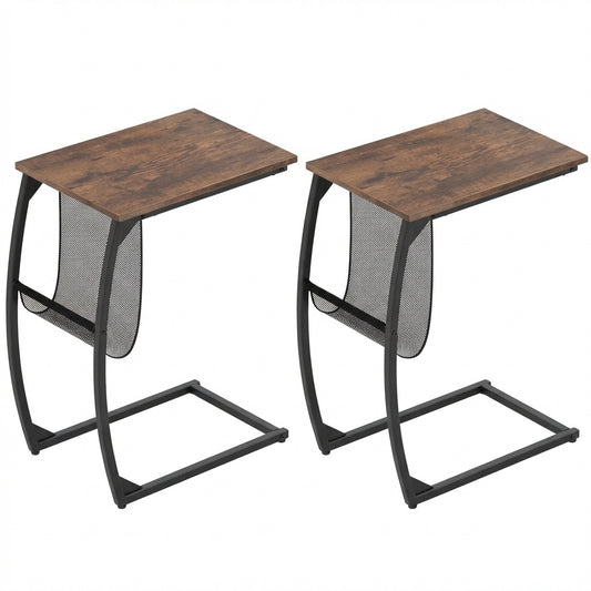 Set of 2 C-Shaped Compact Sofa Side Snack Table in brown wood effect finish