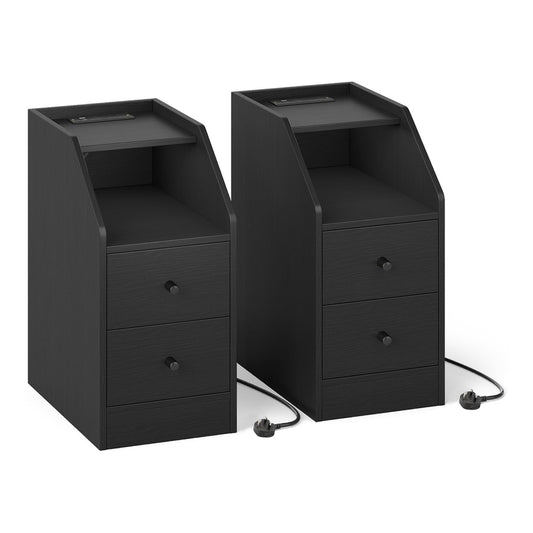 Set of 2 End Table with charging station and storage drawers in black