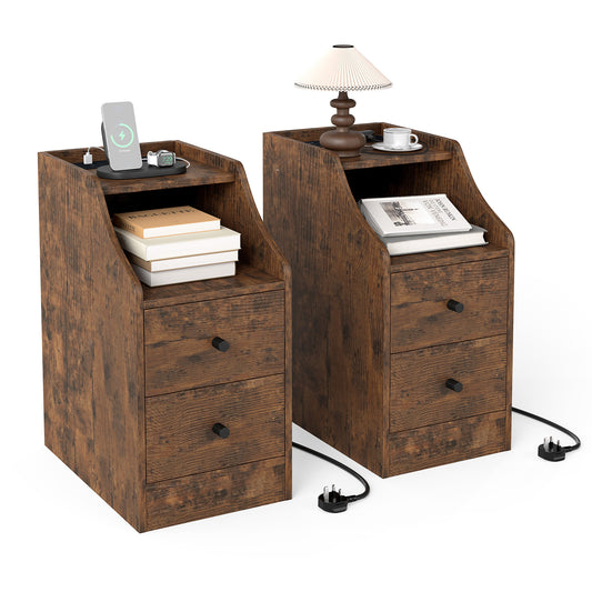 Set of 2 End Table with charging station and storage drawers in rustic brown wood effect finish