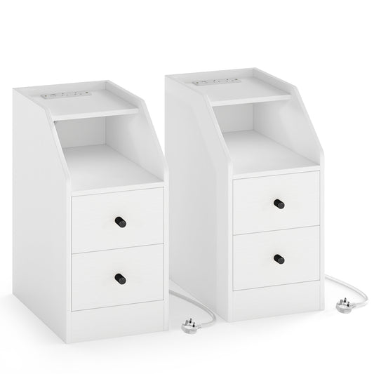 Set of 2 End Table units in white with two drawers and a top charging station