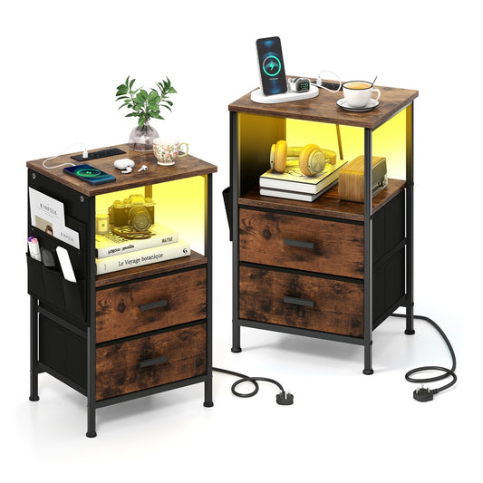 Set of 2 End Tables with charging stations and fabric drawers shown side by side with warm lighting