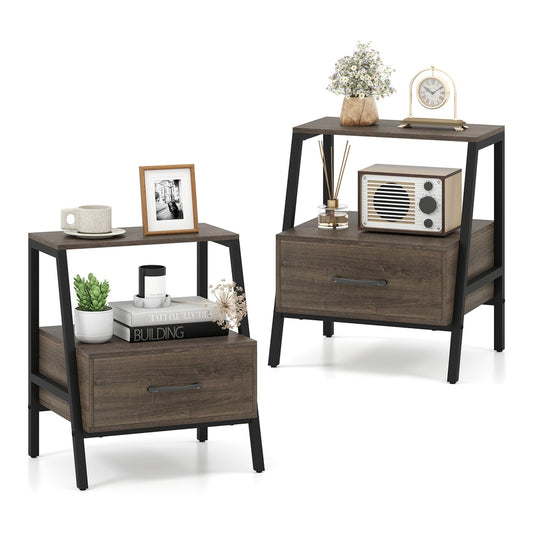 Set of 2 Farmhouse 3-Tier Nightstand with Drawer and Open Shelf-Grey, two grey nightstands with wooden drawers and shelves