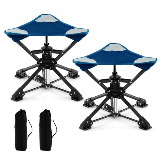 Set of 2 Folding Swivel Camping Hunting Stools with blue seats and black carry bags