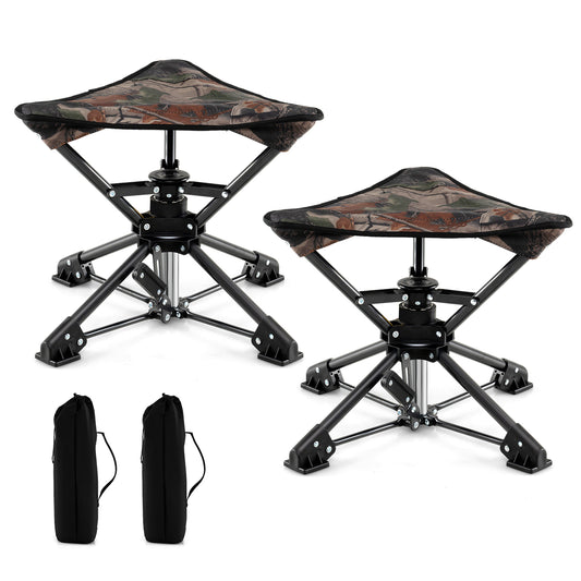 Set of 2 Folding Swivel Camping Hunting Stools with camouflage pattern seats and carry bags