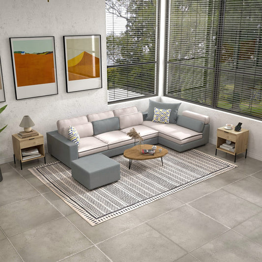 Two mid century modern nightstands flanking a sofa and coffee table in a living room