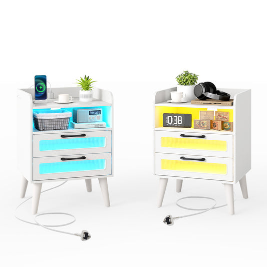 Set of 2 Mid Century Nightstand Modern Bedside Table with items on top and glowing LED drawers