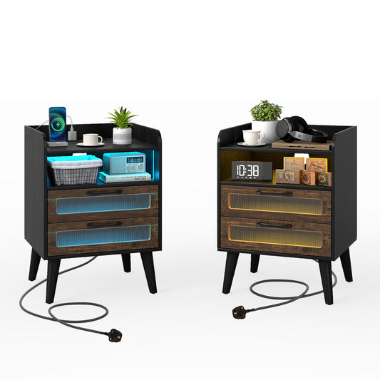 Set of 2 Mid Century Nightstand Modern Bedside Table with charging station in black