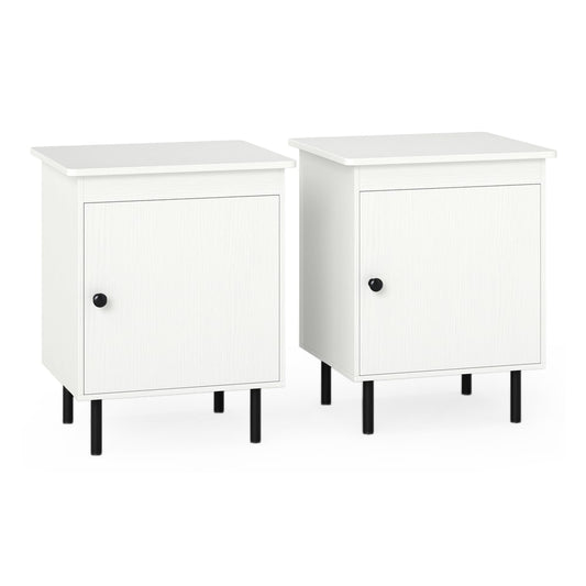 Set of 2 modern Nightstand units in white with black metal legs and a single door cabinet
