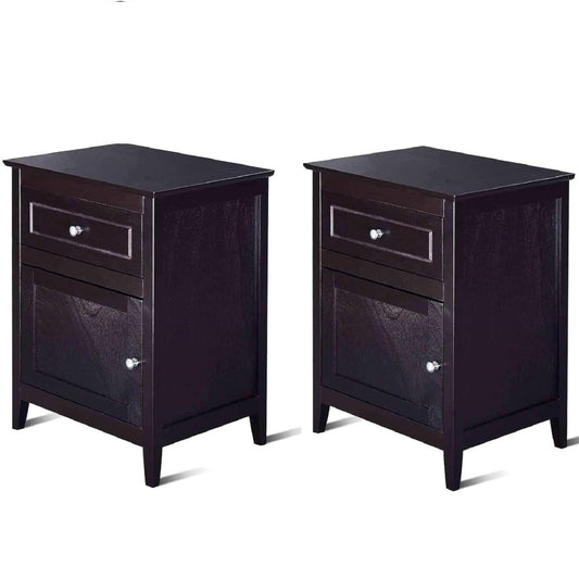 Set of 2 Modern Nightstand with Drawer and Cabinet in espresso finish, showing both units side by side