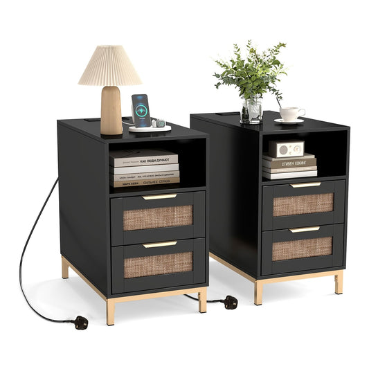 Set of 2 Narrow End Table with charging station and rattan drawers