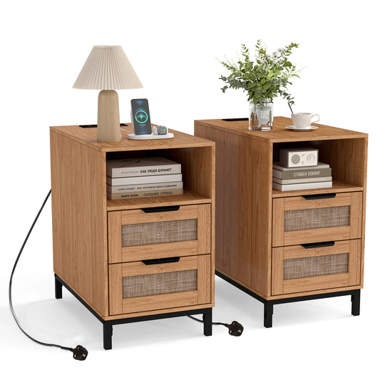 Set of 2 Narrow End Table with charging station and two drawers in natural rattan finish
