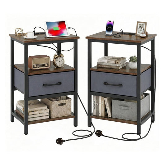 Set of 2 Nightstand Bedside Table with rustic brown shelves and grey fabric drawers