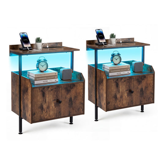 Set of 2 Nightstand Bedside Table with Charging Station shown side by side with blue LED lighting