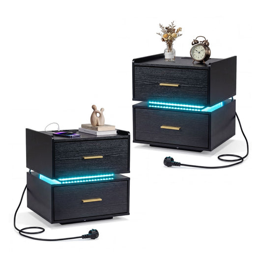 Set of 2 Nightstand with charging station and 2 storage drawers in black