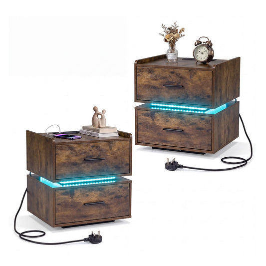 Set of 2 Nightstand with Charging Station and 2 Storage Drawers-Rustic Brown, one unit with LED lights on