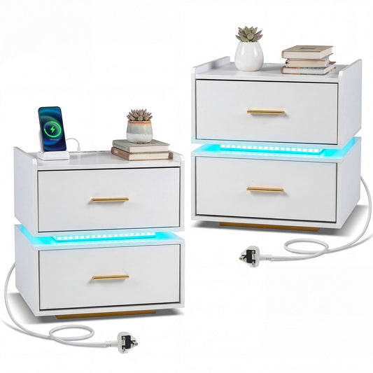 Set of 2 Nightstand with charging station and two storage drawers in white