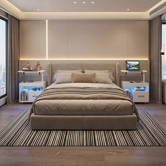 Two white nightstands in a modern bedroom setting with a bed