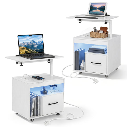 Set of 2 Nightstand with charging station and rotatable tabletop in white