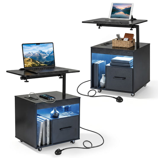 Set of 2 Nightstand with charging station and rotatable tabletop in black