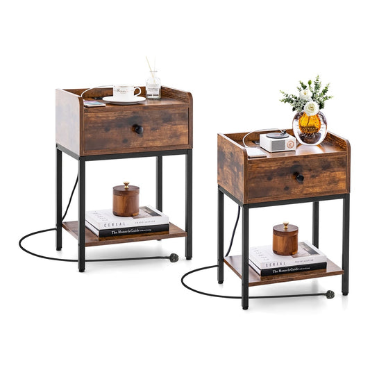 Set of 2 Nightstand with charging station, storage drawer and open shelf in rustic brown