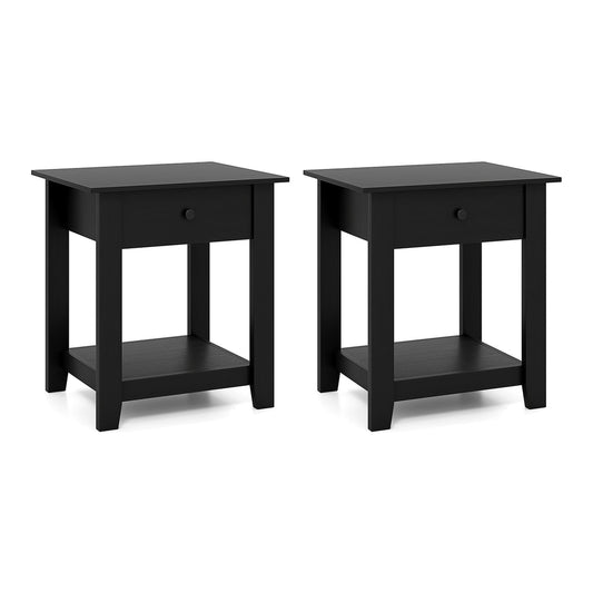 Set of 2 Nightstand with Drawer 3-Tier Modern Bedside Table-Black showing two black tables side by side