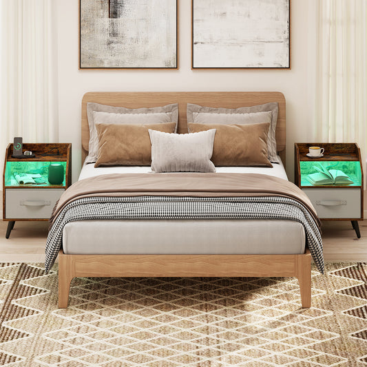 Two rustic brown nightstands in a bedroom setting next to a bed