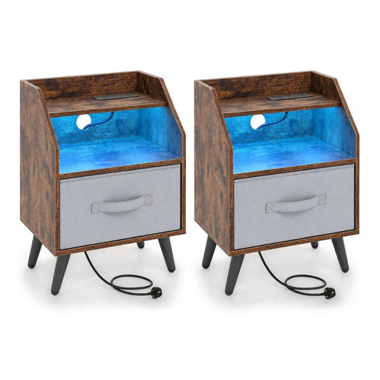 Set of 2 Nightstand with LED lights and power outlets in rustic brown wood effect finish