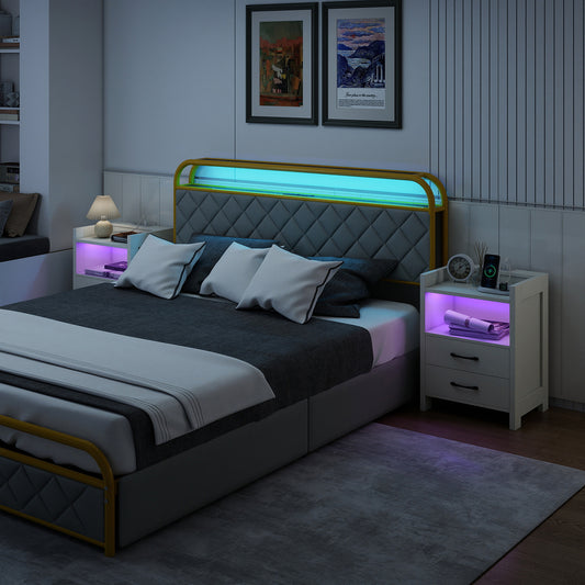 The nightstands placed beside a bed in a dimly lit bedroom with purple and blue LED lighting
