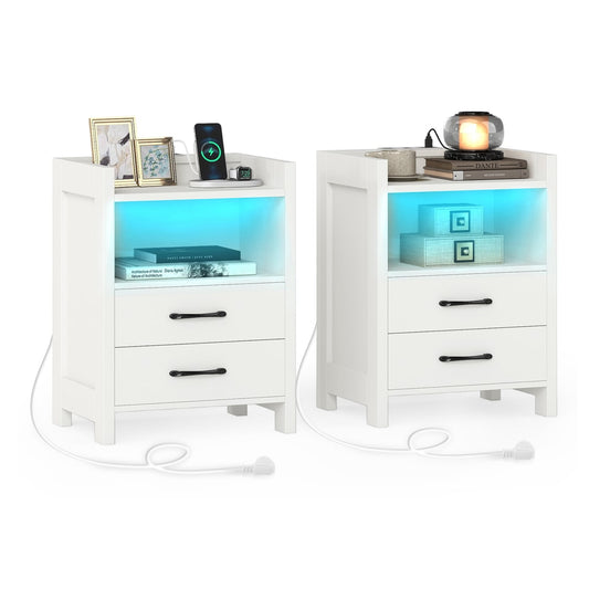 Set of 2 Nightstand with white finish, two drawers, and glowing blue LED shelf lighting