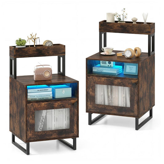 Set of 2 Nightstand with LED lights and rustic brown finish shown from two different angles