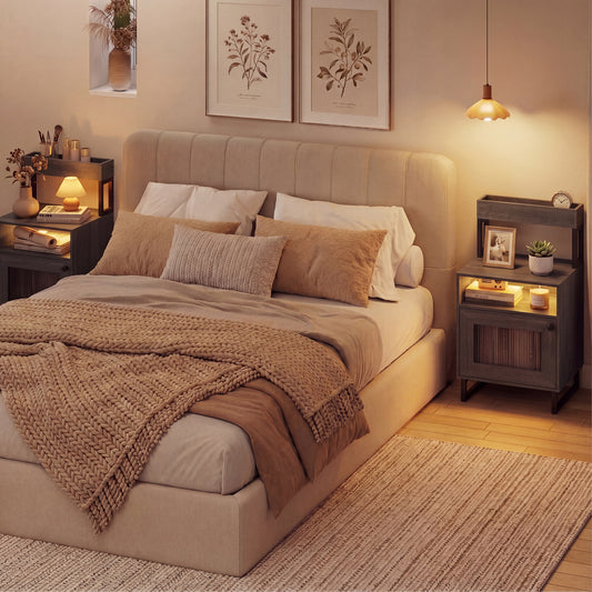 The bedside tables placed on either side of a double bed in a cosy bedroom setting