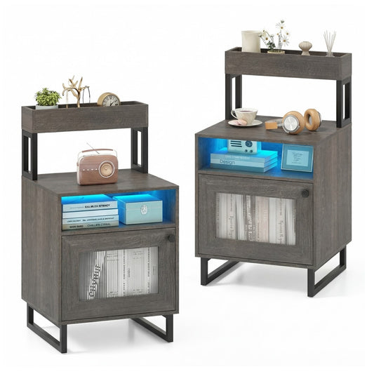 Set of 2 Nightstand with grey wood finish and glowing blue LED lights on a white background