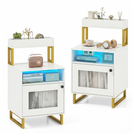 Set of 2 Nightstand with white finish, gold legs and glowing blue LED lights on open shelves