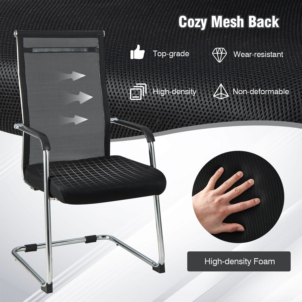 Close up of the mesh back and foam seat of the office guest chair