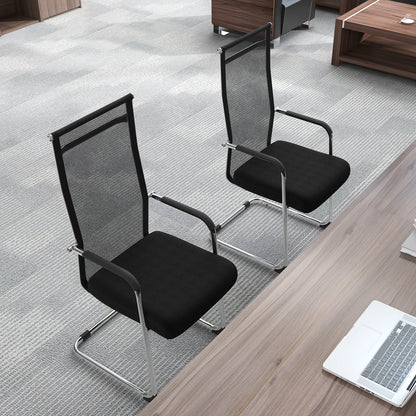 Two black office guest chairs with metal sled base and armrests in a modern office setting